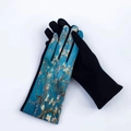 Women's black suede gloves featuring artistic Van Gogh style almond blossom print - One Size / Pattern 14 (Almond Blossoms)
