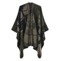 Close-up of thick camouflage knit shawl featuring army green jacquard and edge stitching - 135x155cm / Graffiti City Green