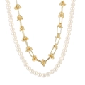 Zweilagige goldene Edelstahl-Halskette mit weißen Perlen und geknoteten Gliedern - Goldener Stil (KN229600-Z)