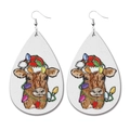 Christmas teardrop faux leather earrings featuring festive cow and holiday lights print - 13-Santa Hat Cow Lights Teardrop