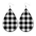 Detailed view of teardrop PU leather earrings featuring classic black and white buffalo plaid - 8-Black White Buffalo Plaid Teardrop