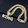 Close-up of golden King letter pendant with diamonds on hip hop Cuban link necklace - Gold Pendant (Letter KING) + Iced Out Cuban Chain 45CM