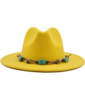 Yellow wool fedora hat with ethnic style band featuring emerald gemstones and braided rope - M (56-58cm) / Yellow