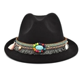 Chapeau Fedora noir en feutre avec perles bohèmes colorées et pierre turquoise - M (56-58cm) / Noir