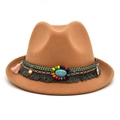 Brown wool fedora with ethnic beaded band and turquoise stone on white background - M (56-58cm) / Camel