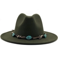 Close-up of dark green fedora with bohemian braided band and turquoise stone detail - M (56-58cm) / Green