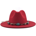 Detail of red wool fedora featuring a Bohemian braided band with turquoise stones - M (56-58cm) / Red