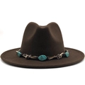 Close-up of brown wool fedora hat featuring bohemian turquoise beads and braided trim - M (56-58cm) / Coffee