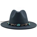 Detailed view of dark wool fedora hat featuring a turquoise beaded bohemian band - M (56-58cm) / Dark Gray