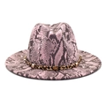 Detail of pink snake pattern wool fedora with leopard strap and gold star studs - M (56-58cm) / Pink