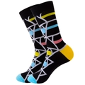 Black crew socks with colorful geometric patterns and blue contrast toe and yellow heel - Size 38-45 / Striped Dots