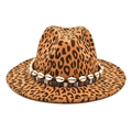 Detail of leopard print wool fedora featuring bohemian shell and ethnic striped ribbons - M (56-58cm) / Khaki