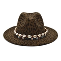 Detail of leopard print wool fedora featuring natural shell band and ethnic woven ribbon - M (56-58cm) / Army Green