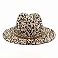 Close-up of leopard print fedora with brown woven band and gold bead accents - M (56-58cm) / White