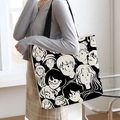 Canvas tote bag with black and white cartoon illustration and spacious shoulder strap - Fashion Character Print - Black
