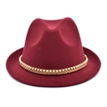 Burgundy wool jazz fedora hat with gold bead and braided band on white background - M(56-58cm) / Burgundy