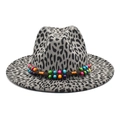 Classic wide brim leopard print fedora hat with colorful beaded band for women - M (56-58cm) / Gray