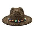 Close-up of leopard print wool fedora with bohemian colorful beaded hat band detail - M (56-58cm) / Army Green