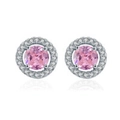 Pink halo stud earrings with round pink zircon and white stones in silver plating - Round Pink Zirconia