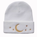 White knitted beanie with golden star and moon embroidery on the cuffed edge - Adjustable / White