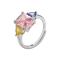 Detail of silver ring featuring a large pink square stone and colorful heart gems - Silver 3-Stone Ring / 1 Piece