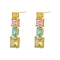 Close-up of gold stud earrings with four vertically aligned colorful candy-colored crystals - Gold Colorful Dangle Earrings / 1 Pair