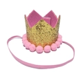 Sparkly gold sequin crown party hat with pink pom pom trim and elastic band for dogs - Crown Ball Hat / Pink