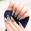 Long almond-shaped press-on nails with blue mosaic patterns and gold glitter accents - BKS1204 Gold Glitter Mosaic