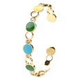 Detail of gold C-shaped cuff bracelet with colorful enamel rings and zircon crystals - Gold