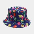 Detail view of the deep purple bucket hat with vibrant floral tulip patterns and green leaves - One Size / 16# Purple With Color Tulips