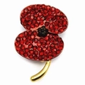 Poppy flower brooch with red rhinestones, black crystals and golden metal stem - Style AL-14