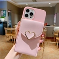 Pink leather phone case with card holder, gold heart clasp and metal chain strap detail - Heart Wallet Pink / Ip 15pro 6.1