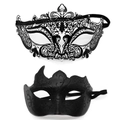 Set of two black masquerade masks including filigree metal with rhinestones and glitter pattern - Bull Horn Arrow - Iron Black Set