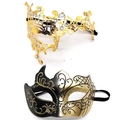 Elegant gold metal filigree mask with rhinestones and black gold glitter party mask - One-eyed Bull Horn - Iron Gold Set