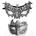 Pair of elegant laser-cut metal masquerade masks with rhinestones and glitter finish - Starry Night Bull Horn - Iron Silver Set