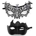 Set of two black masquerade masks featuring laser-cut metal with rhinestones and glitter filigree - Starry Night Bull Horn - Iron Black Set