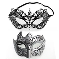 Elegant black lace filigree metal mask and silver glitter masquerade mask set - Pointed Bull Horn - Iron Silver Set