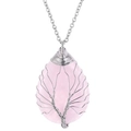 Pink crystal tree of life teardrop pendant necklace with silver wire wrapping - Pink (NSN00408 Rose Quartz)