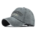Close-up of CYPRUS ISLAND embroidery on washed dark grey cotton baseball cap - Adjustable / Washed Army Green