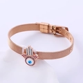 Pulsera de malla en oro rosa con dijes de Mano de Fátima y Ojo Turco con cristales - Oro rosa