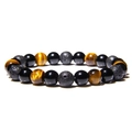 Macro detail of 8mm tiger eye, obsidian, and porous lava stone beads on stretch cord - Yellow Tiger Eye Lava Agate Style (Style-04)