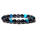 8mm Hematite and Tiger Eye beaded bracelet with blue round stones and lava rock beads - Blue Tiger Eye Lava Woven Style (Style-08)