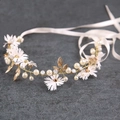 Golden bridal flower headband with white petals, pearls and ribbons for girls - Small Daisy Wreath-White
