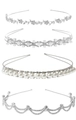 Set of four silver bridal headbands with rhinestones and pearls in floral designs - 4-Piece Set Silver