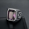 Retro punk men's stainless steel ring featuring a large purple gemstone and tulip engravings - Number 7 / Purple