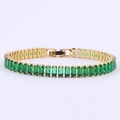 Close-up of gold tennis bracelet with continuous rectangular emerald green zircons - Square Clasp Gold-Green