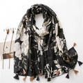 Floral print summer shawl in black cotton linen with dense dual-color tassel fringe - Black White Floral With Grey Tassel