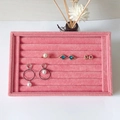 Pink velvet jewelry display tray with various rings and earrings on a white surface - Small Pink Ice Flower Velvet Slot Tray - No Lid