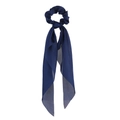 Navy blue satin hair scrunchie with long ribbon tails and smooth silk-like texture - Navy Blue