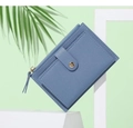 Macro shot of blue PU leather mini wallet with zipper pocket and snap closure detail - Blue